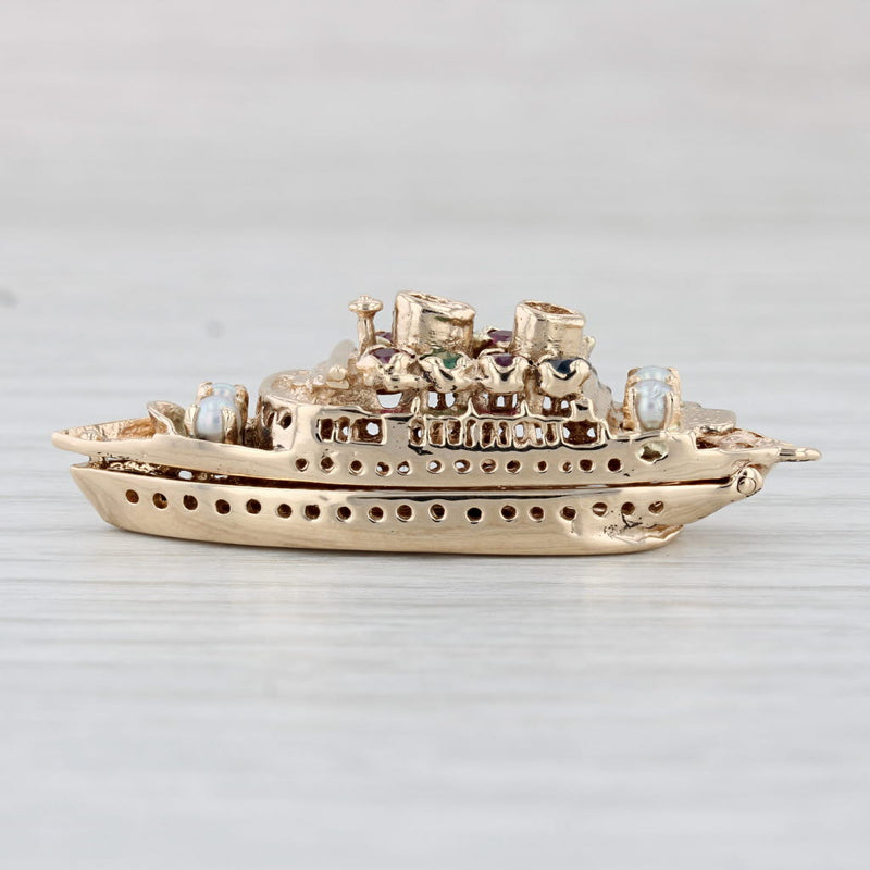 0.64ctw Gemstone Cruise Ship Charm 14k Yellow Gold 3D Pendant Opens Souvenir