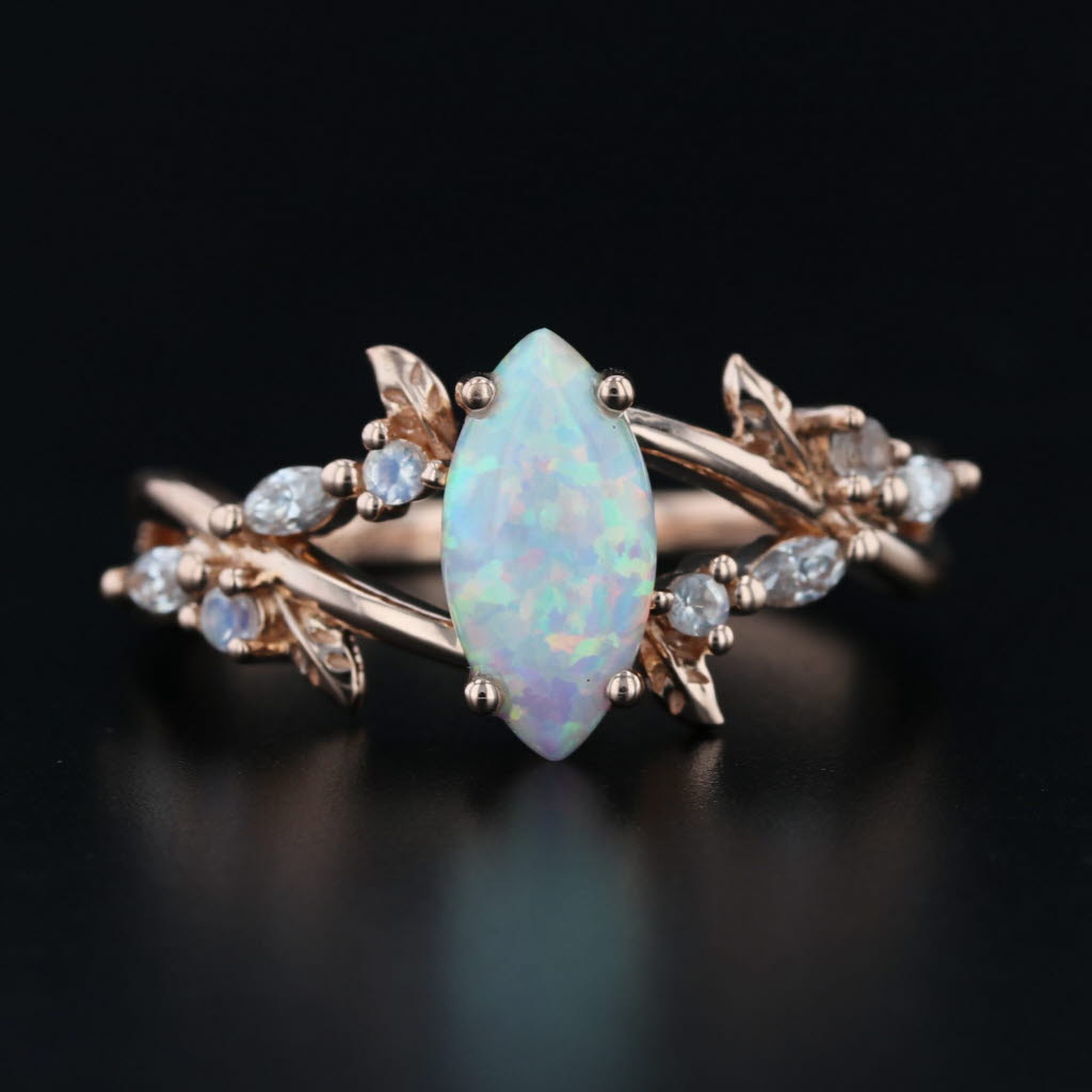Navette Lab Created Opal Moonstone Diamond Ring 18k Rose Gold Size 6.5