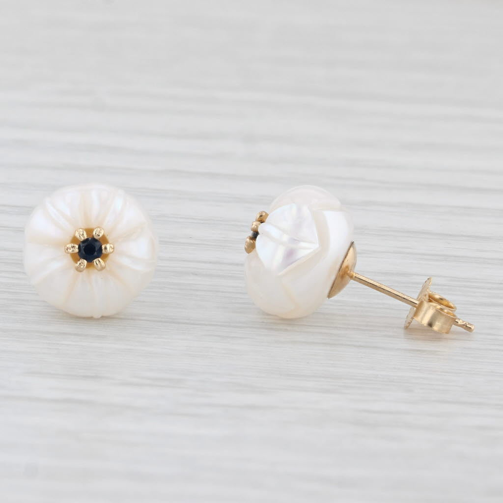 Light Gray New Cultured Pearl Morning Glory Flower Sapphire Stud Earrings 14k Gold Galatea