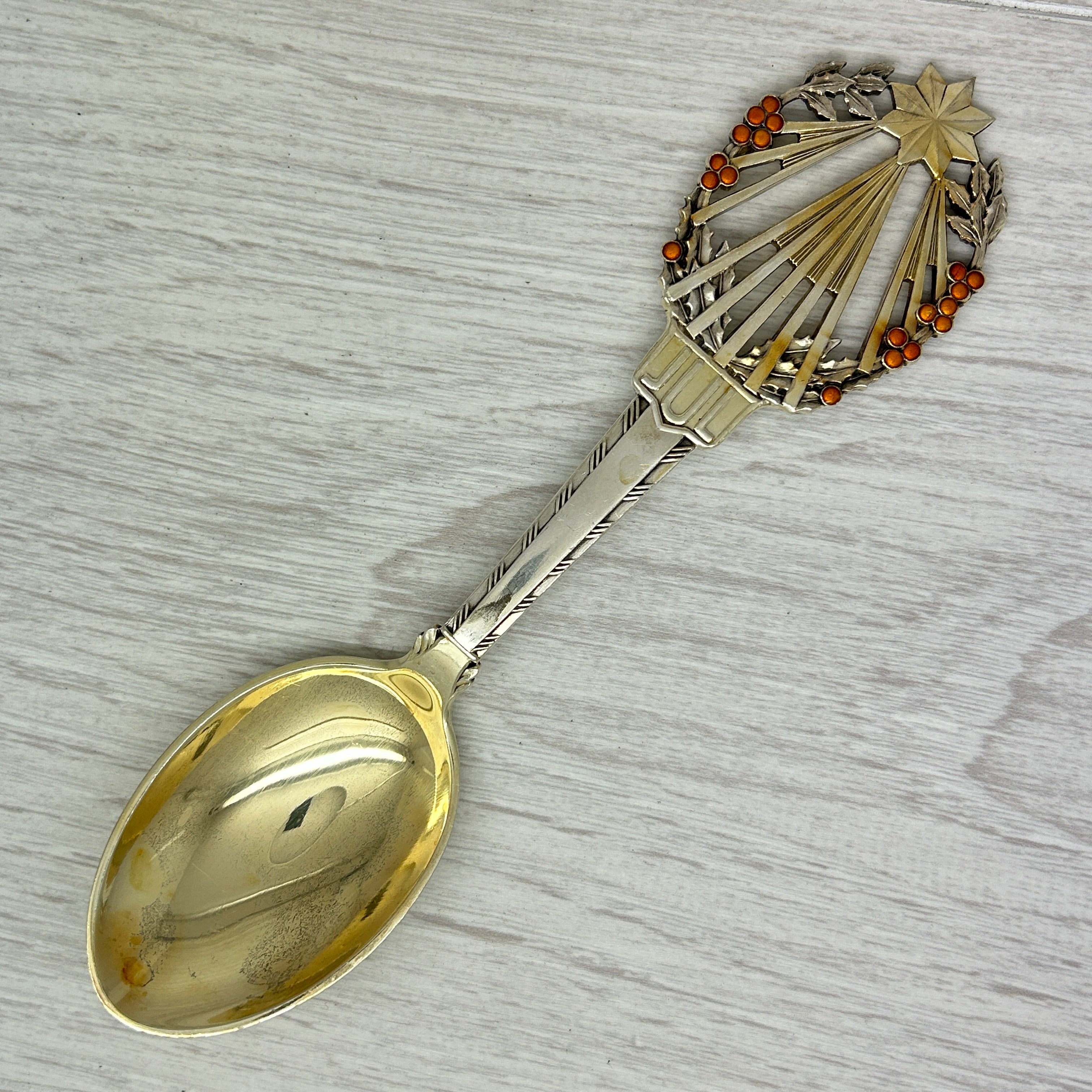 Gray Vintage 1922 Anton Michelsen Sterling Silver Enamel Christmas Spoon Denmark