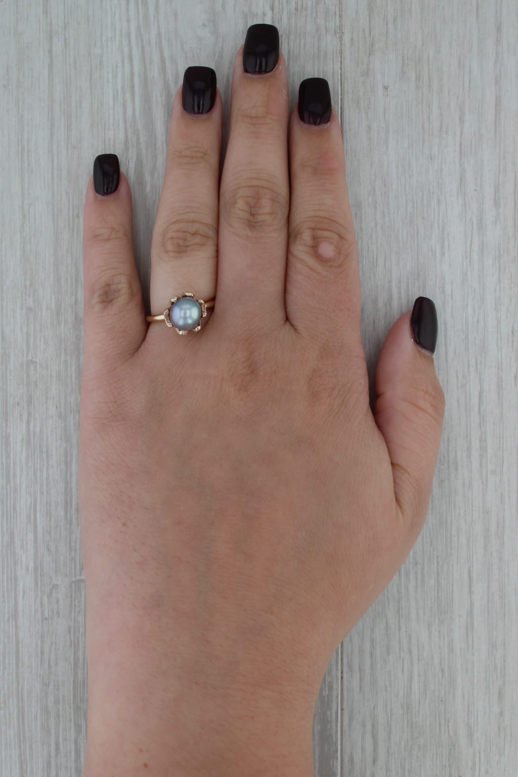 Cultured Saltwater Black Pearl Solitaire Ring 14k Yellow Gold Size 7.5
