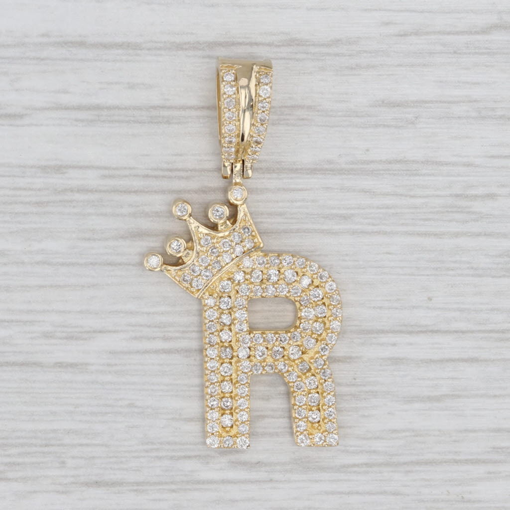 Light Gray 0.70ctw Diamond Crowned Initial Letter R Pendant 14k Yellow Gold Queen King