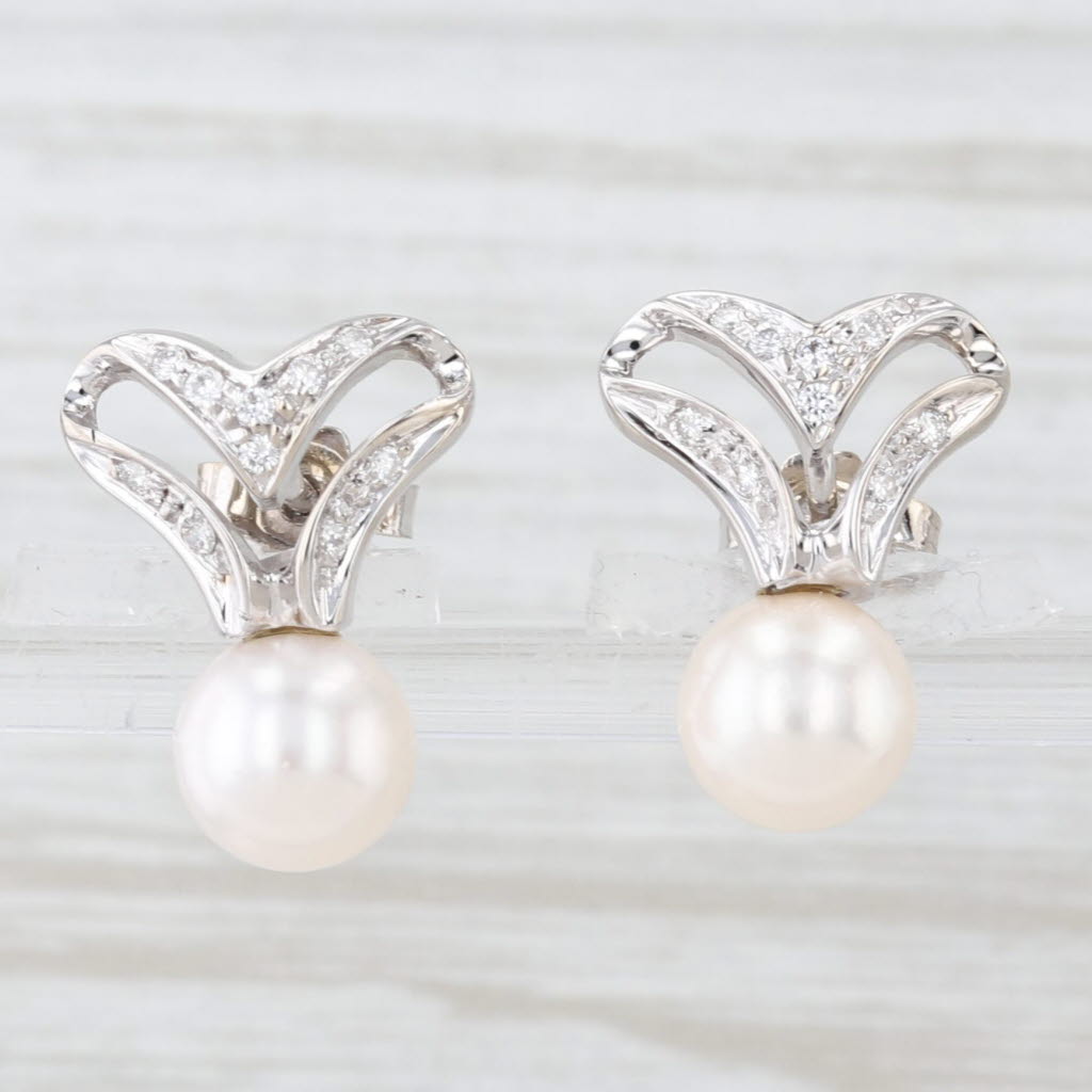 Light Gray Diamond Heart Cultured Pearl Stud Earrings 18k White Gold