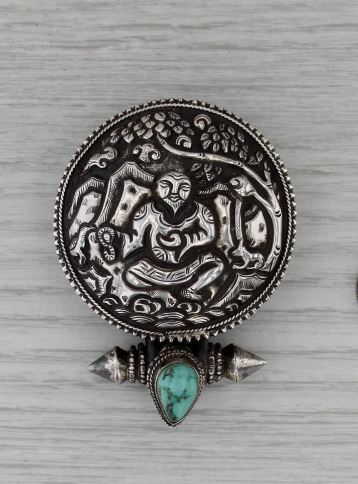 Ornate Asian Vintage Trinket Snuff Box 825 Silver Turquoise Opens Round Tribal
