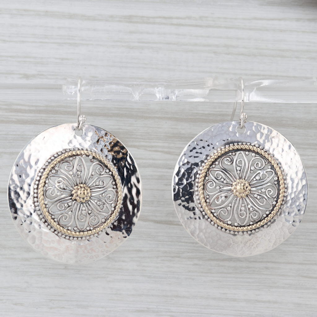 Ornate Flower Medallion Dangle Earrings Sterling Silver 14k Gold Hook Posts