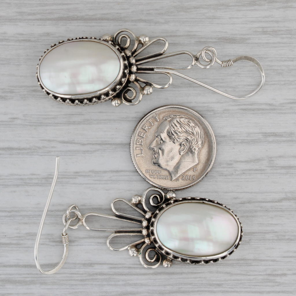 Gray Vintage Mabe Pearl Dangle Earrings Sterling Silver Hook Posts Artisan Signed