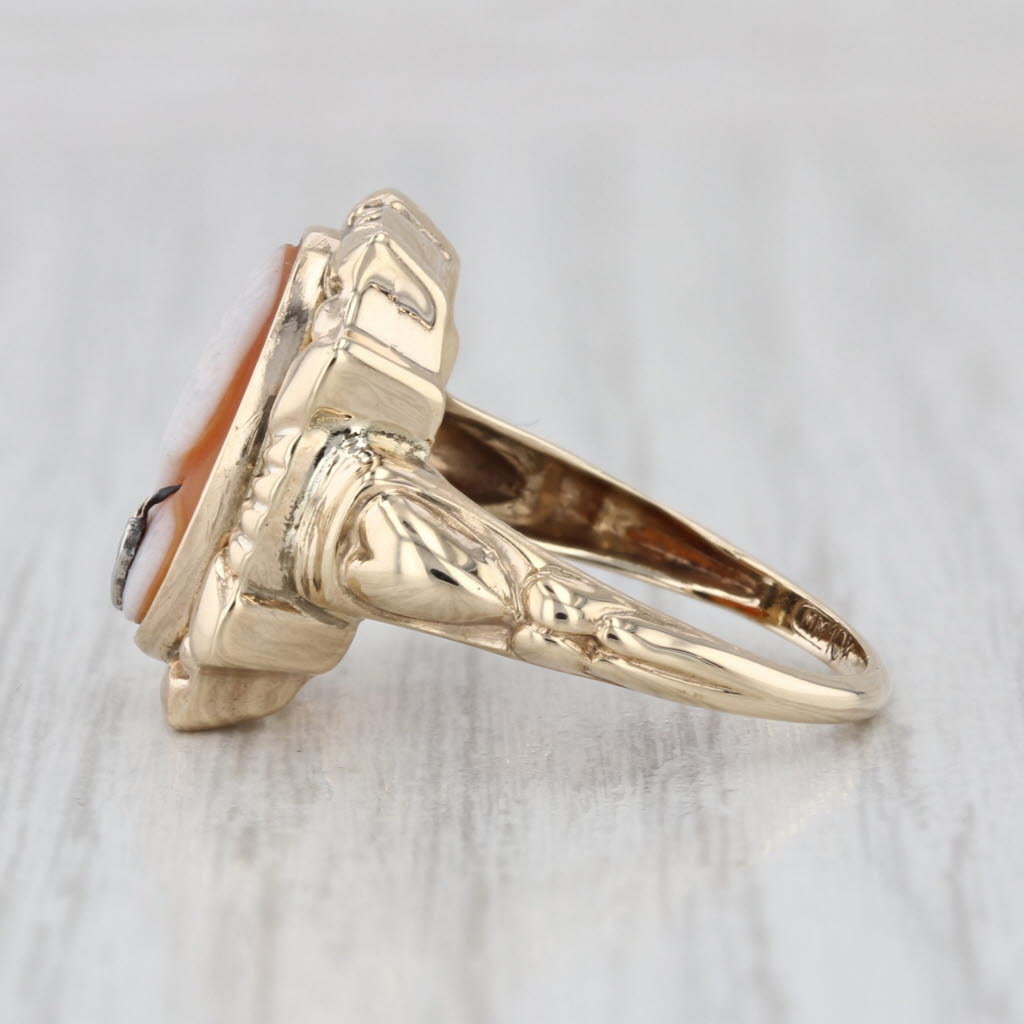 Vintage Shell Carved Cameo Ring 10k Yellow Gold Diamond Accent Size 6
