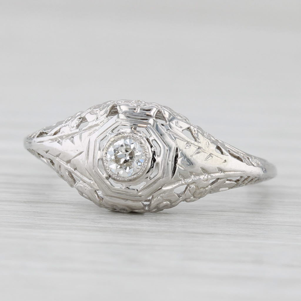 Light Gray Vintage Art Deco 0.10ct Diamond Ring 18k White Gold Floral Filigree Size 7