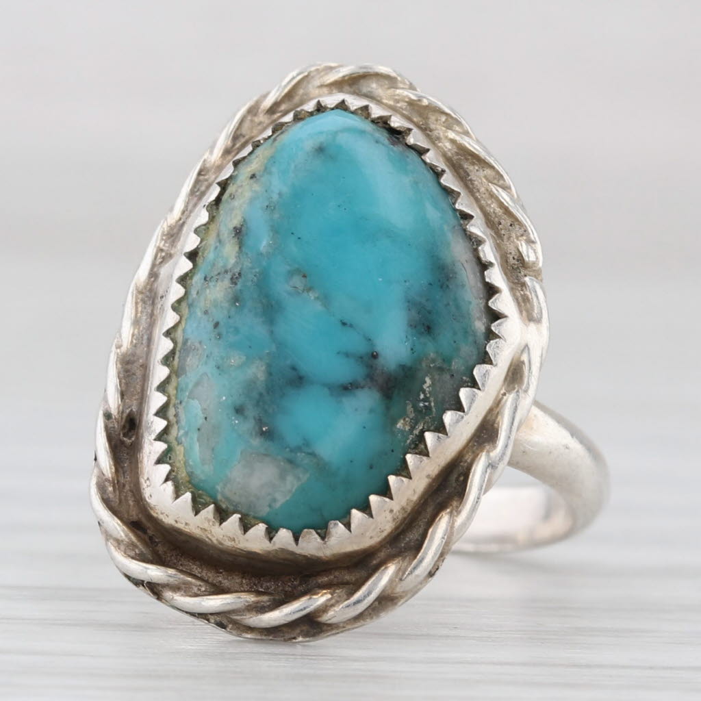 Turquoise Cabochon Ring Sterling Silver Vintage Native American Signed Sz 4.75