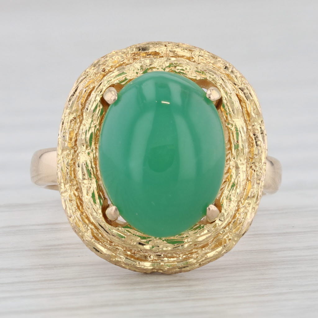 Light Gray Green Chrysoprase Oval Cabochon Solitaire Ring 14k Yellow Gold Size 5.75