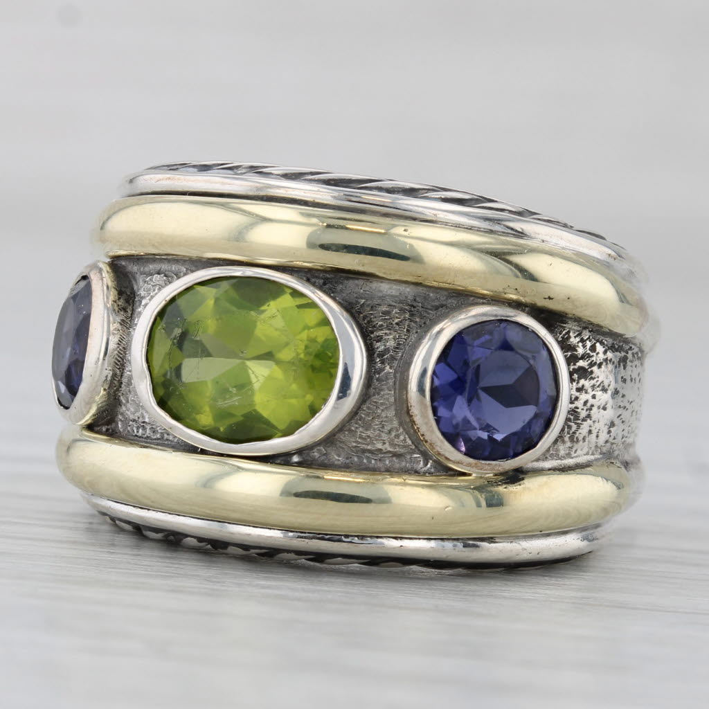 Gray David Yurman Renaissance Peridot Iolite Ring Sterling Silver 14k Gold Cocktail