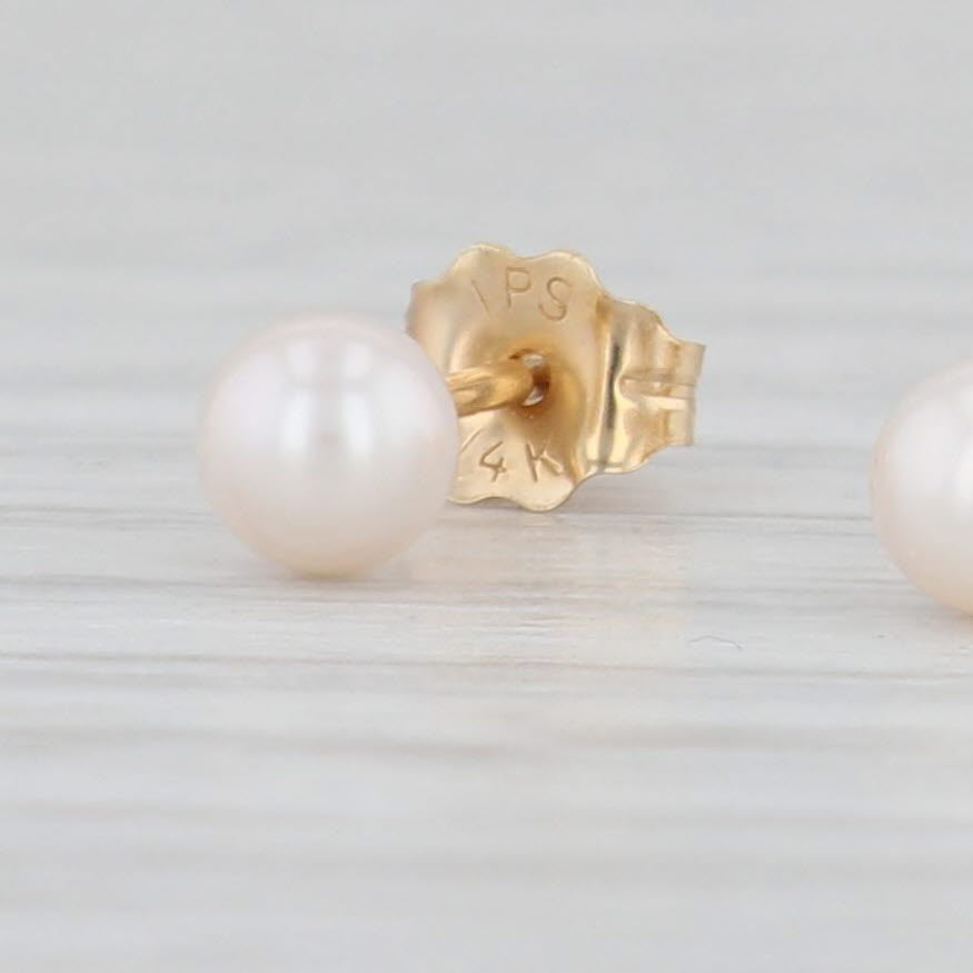 Light Gray New Cultured Pearl Stud Earrings 14k Yellow Gold 4.2mm Round Bead Solitaires