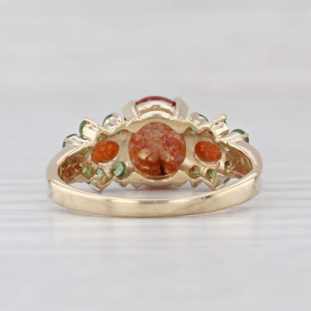 Aventurine Feldspare Tsavorite Ring 14k Yellow Gold Oval Cabochons Size 7.75