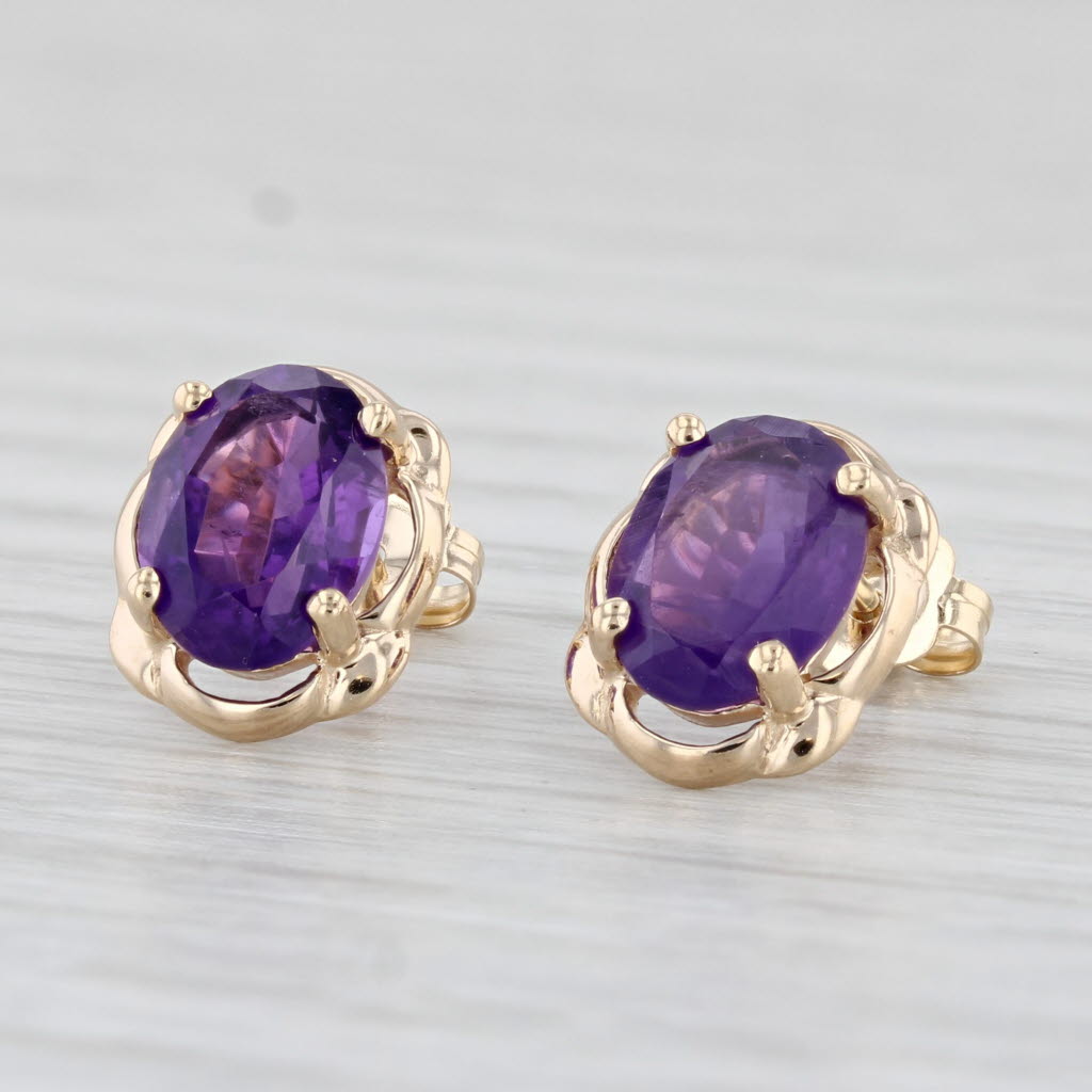 Light Gray 2.30ctw Amethyst Stud Earrings 14k Yellow Gold Oval Cabochon Solitaire