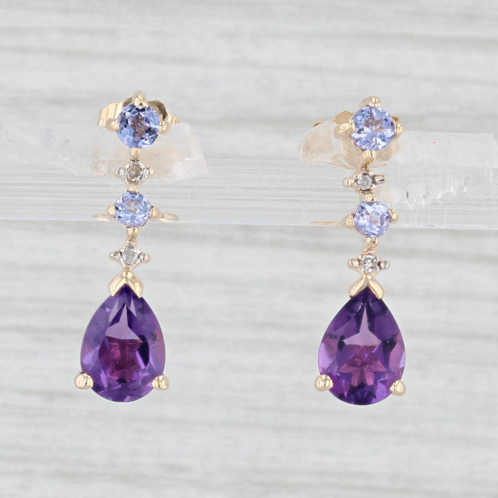 Light Gray 1.45ctw Amethyst Tanzanite Teardrop Earrings 10k Yellow Gold