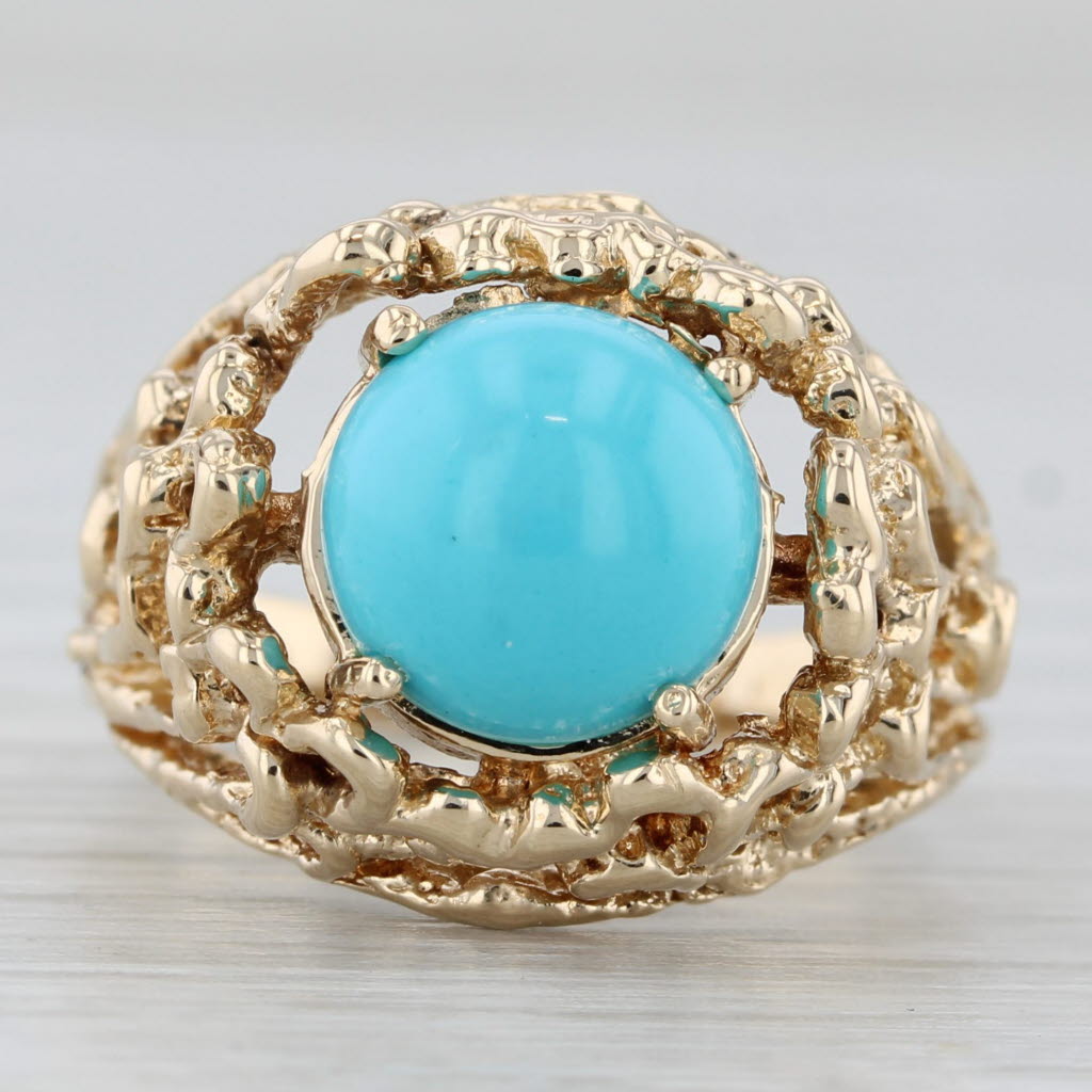 Gray Simulated Turquoise Ring 14k Gold Round Cabochon Size 6.5 Ornate Openwork