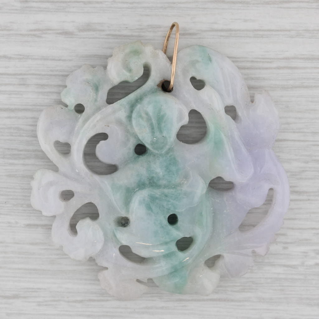 Gray Figural Carved Green Jadeite Jade Pendant 14k Gold Medallion Asian Jewelry