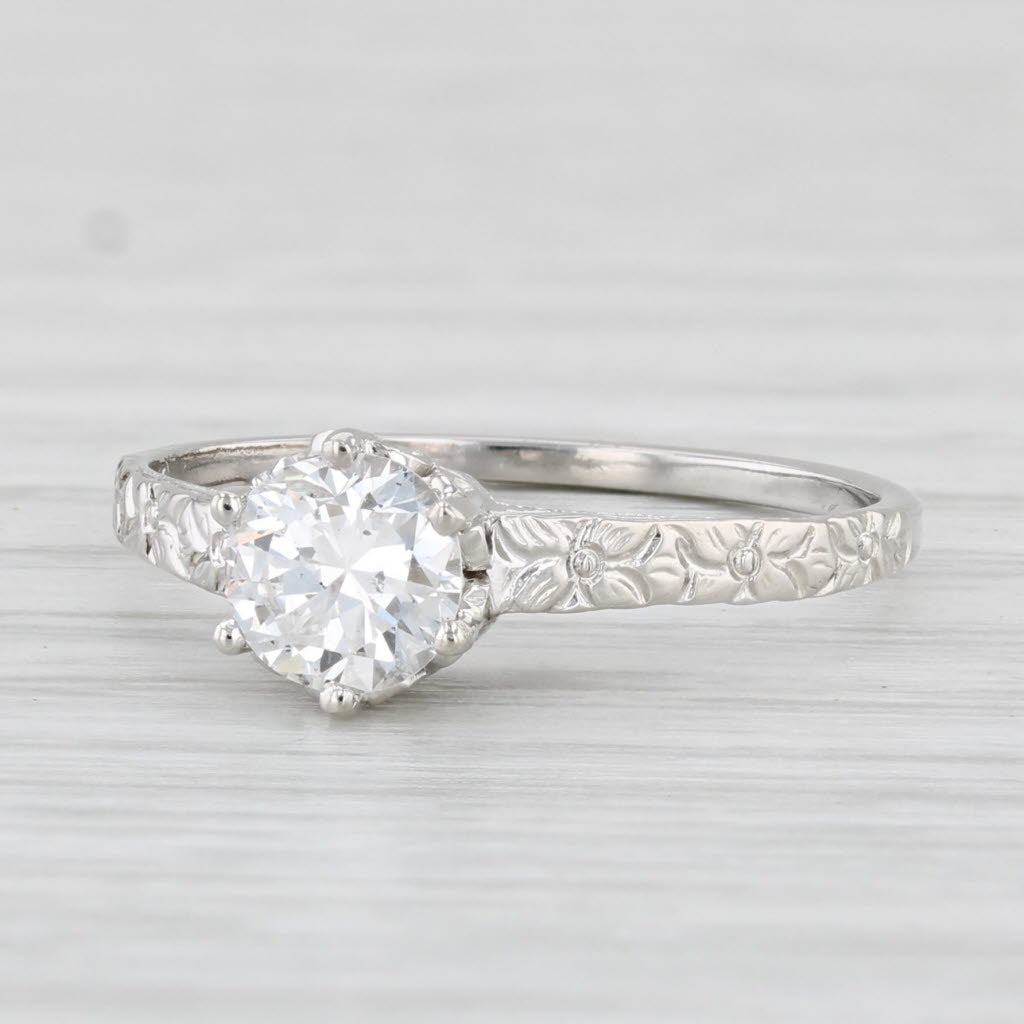 Light Gray Antique Diamond Solitaire Engagement Ring 14k White Gold Floral Band Size 6.25