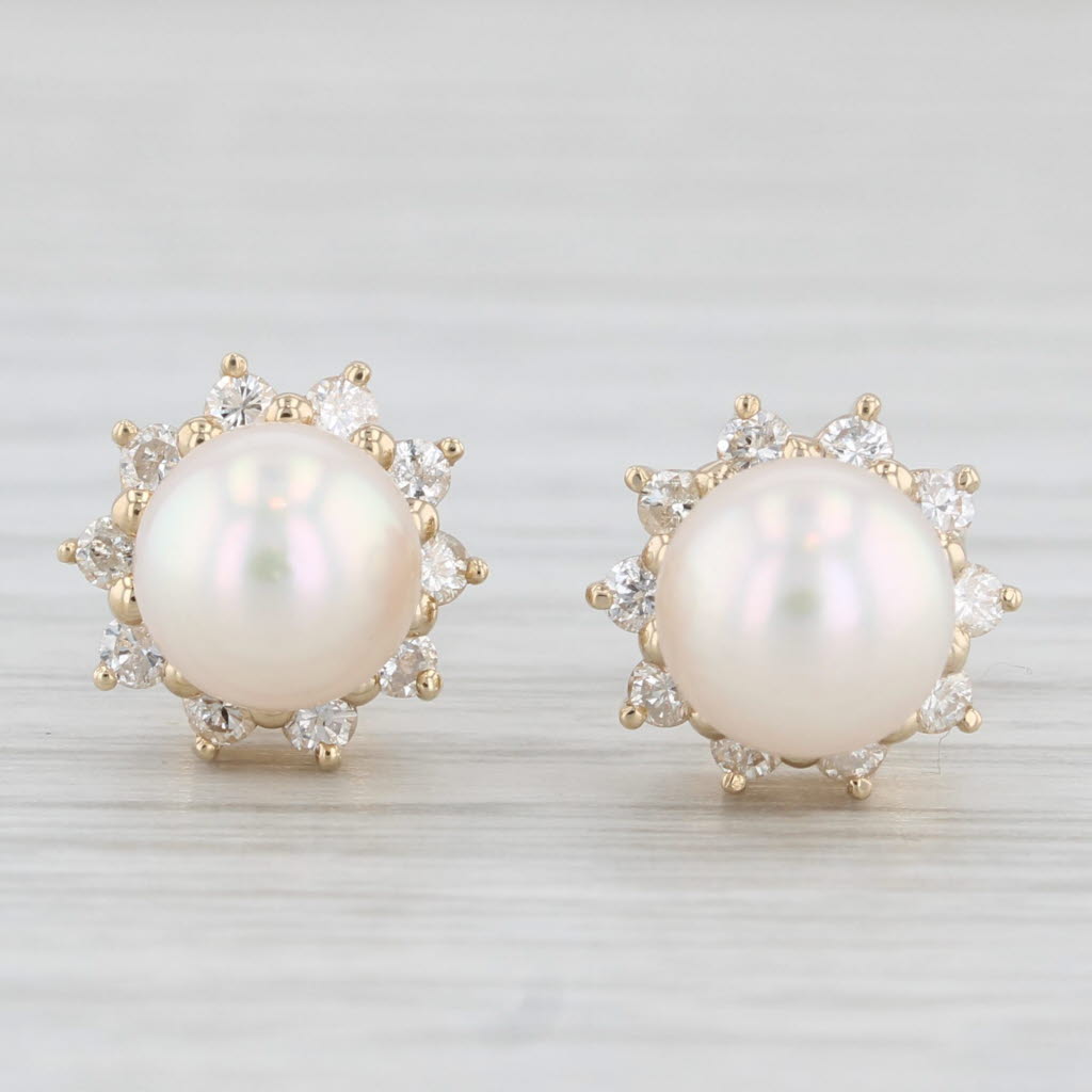 Light Gray Round Cultured Pearl 0.40ctw Diamond Halo Stud Earrings 14k Yellow Gold