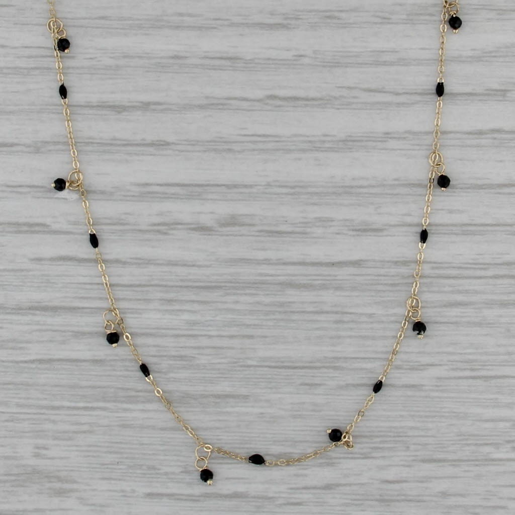 Black Resin Bead Station Necklace 14k Yellow Gold 18" Cable Chain