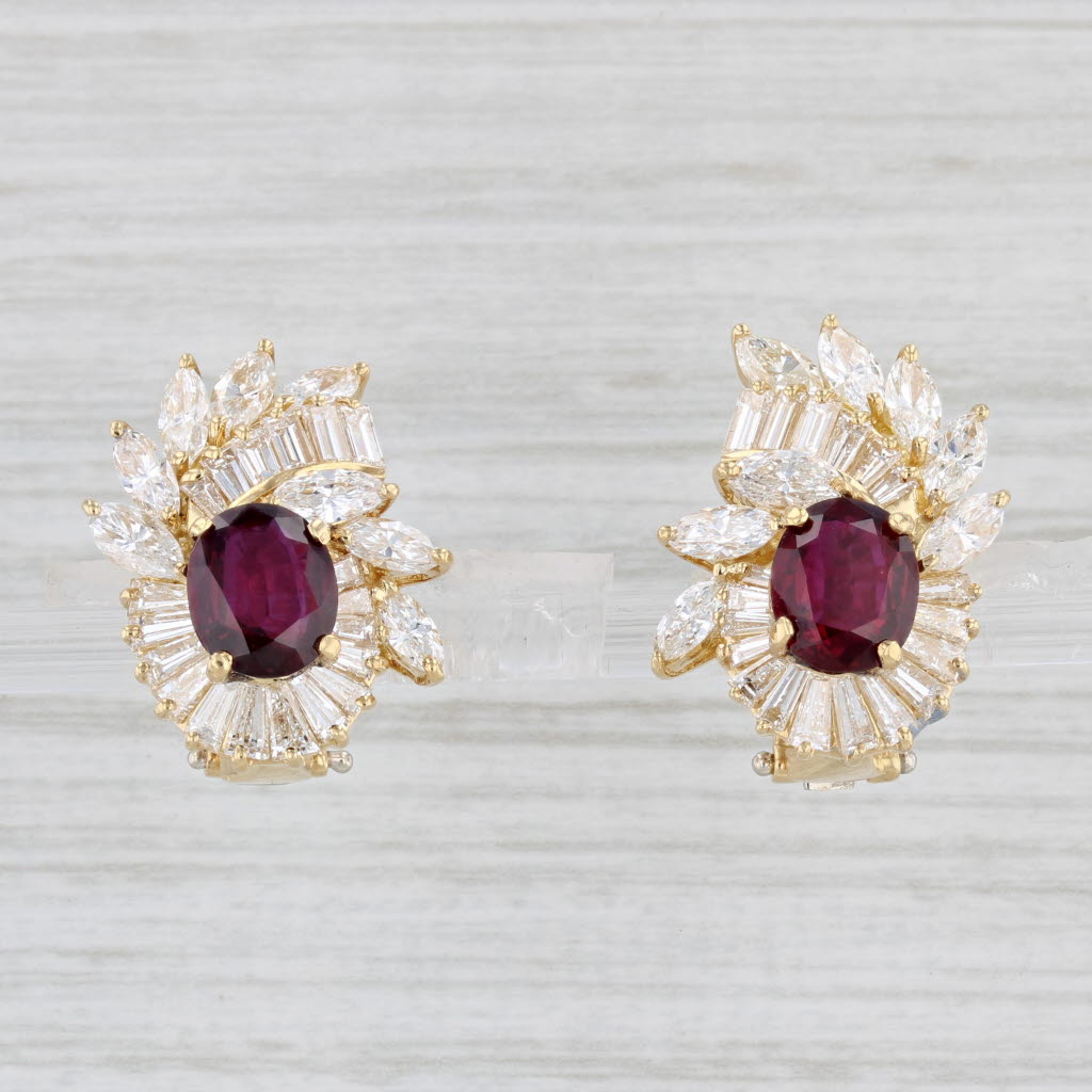 Light Gray 4.42ctw Oval Ruby Diamond Cluster Drop Earrings 18k Yellow Gold GIA Omega Backs