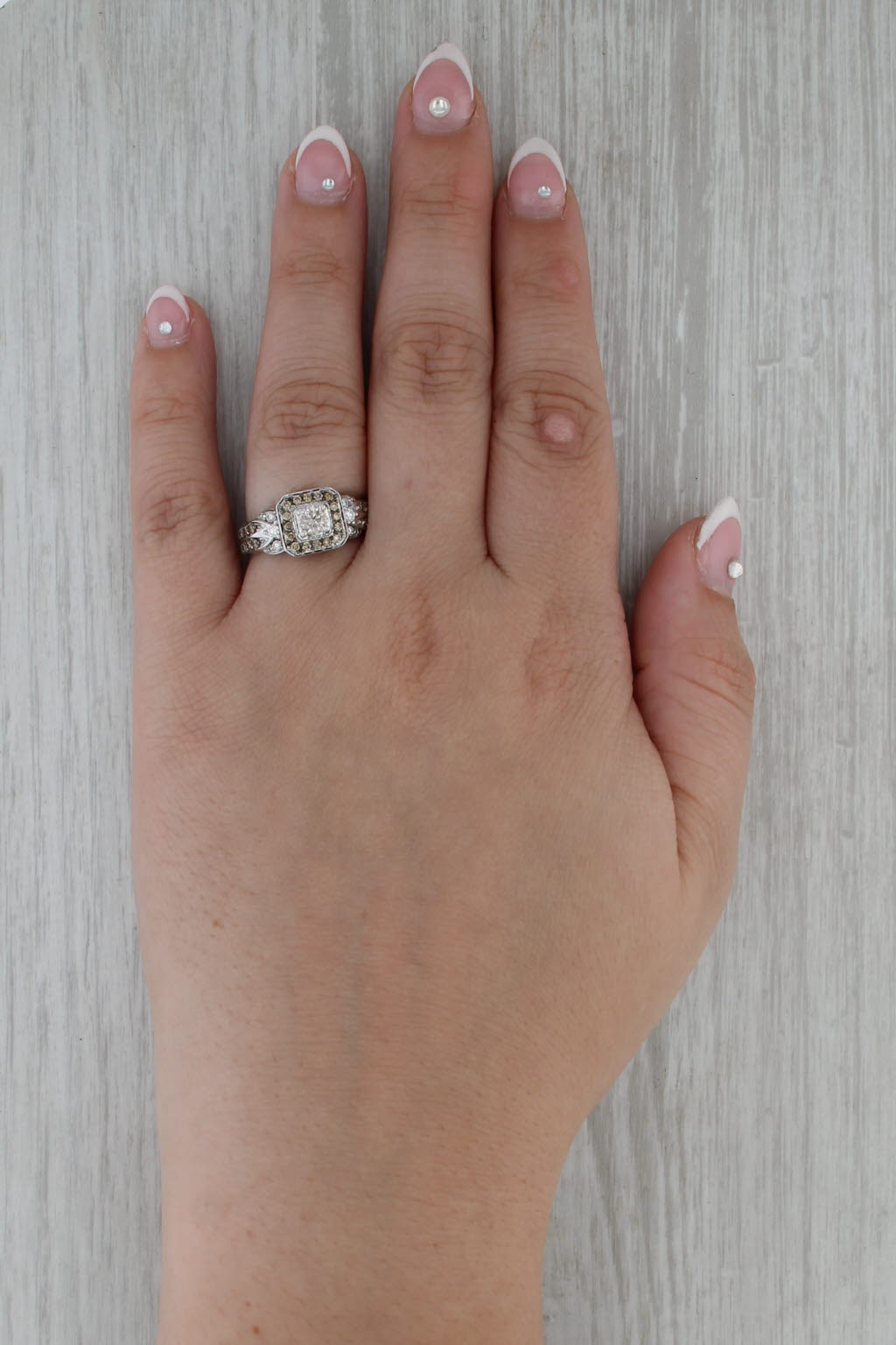 Le Vian Champagne & White Diamond Halo Engagement Ring 14k White Gold Size 7