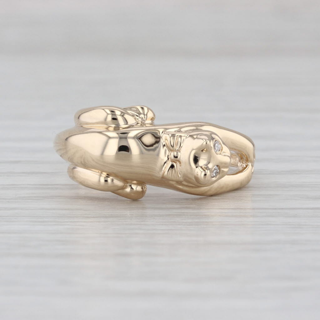 Diamond Eyed Stretching Cat Ring 14k Yellow Gold Size 8.25