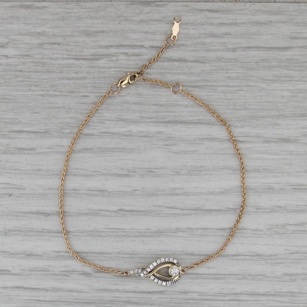 Stationary Teardrop 0.13ctw Diamond Bracelet 10k Yellow Gold Wheat Chain