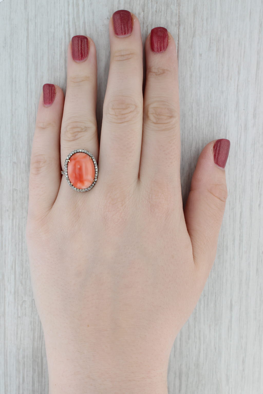 Gray Coral Cabochon Diamond Halo Ring 14k Yellow Gold Silver Size 8