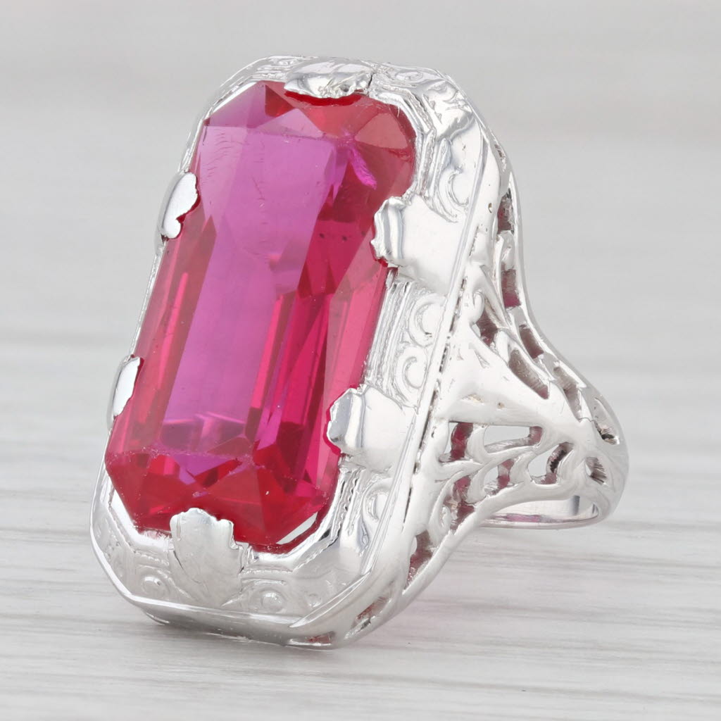 Light Gray Vintage Lab Created Ruby Solitaire Ring 14k White Gold Size 4.5 Ornate