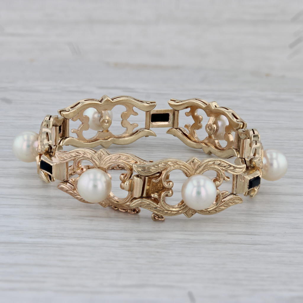 Gray Vintage Mikimoto Cultured Pearl Glass Ornate Bracelet 14k Yellow Gold 6" 12.2mm