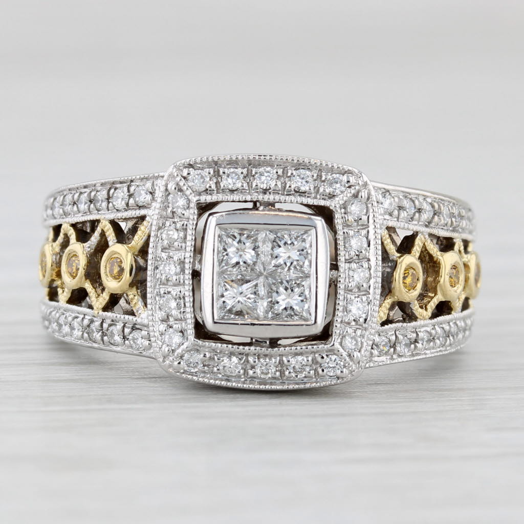 Light Gray 0.56ctw White Yellow Diamond Princess Engagement Ring 18k Gold Size 7.5