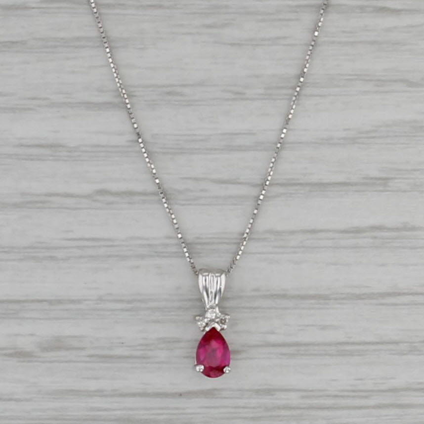 Lab Created Ruby Diamond Teardrop Pendant 14k White Gold 18.25" Box Chain