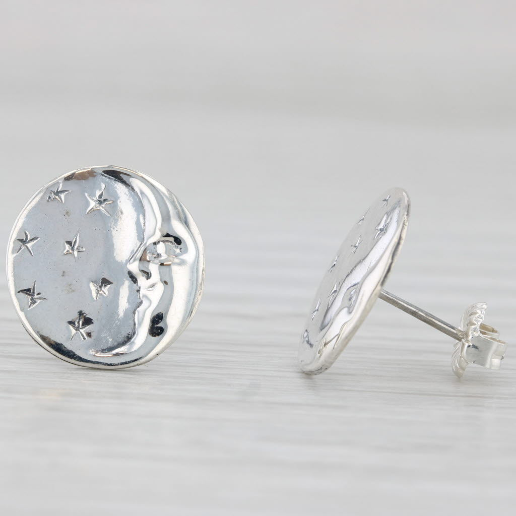 Light Gray Crescent Moon & Stars Stud Earrings Sterling Silver Celestial Jewelry