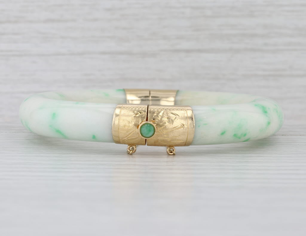 Green Jadeite Jade Bangle Bracelet Floral 14k Yellow Gold 7" 10.1mm
