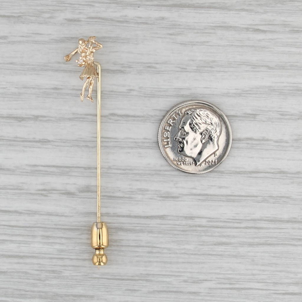 Retro Female Golfer Stickpin 14k Yellow Gold Diamond Pin