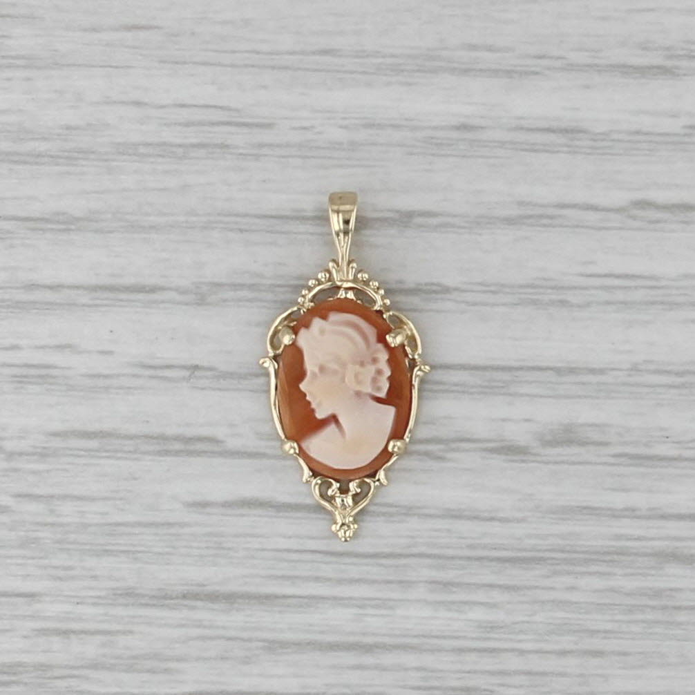 Carved Shell Cameo Pendant 10k Yellow Gold Small Ornate Drop
