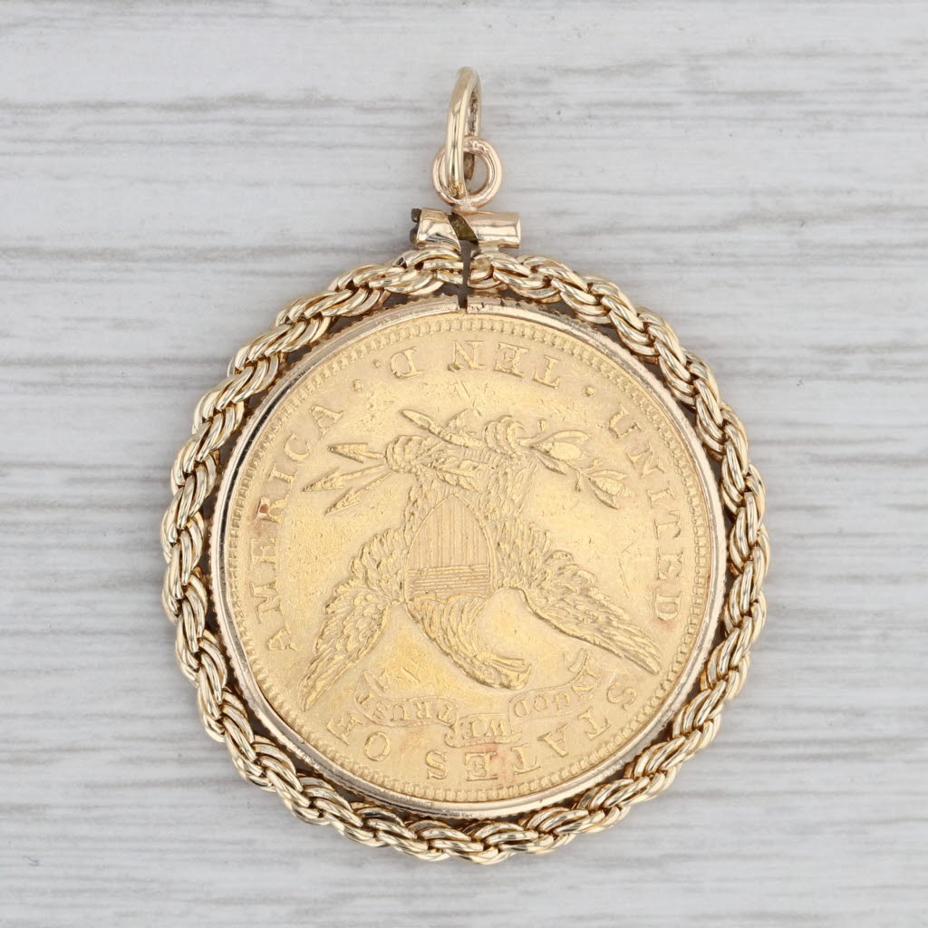 Gray Authentic 1882 Liberty Coin Pendant 22k Coin 14k Bezel 10 Dollar Medallion Charm