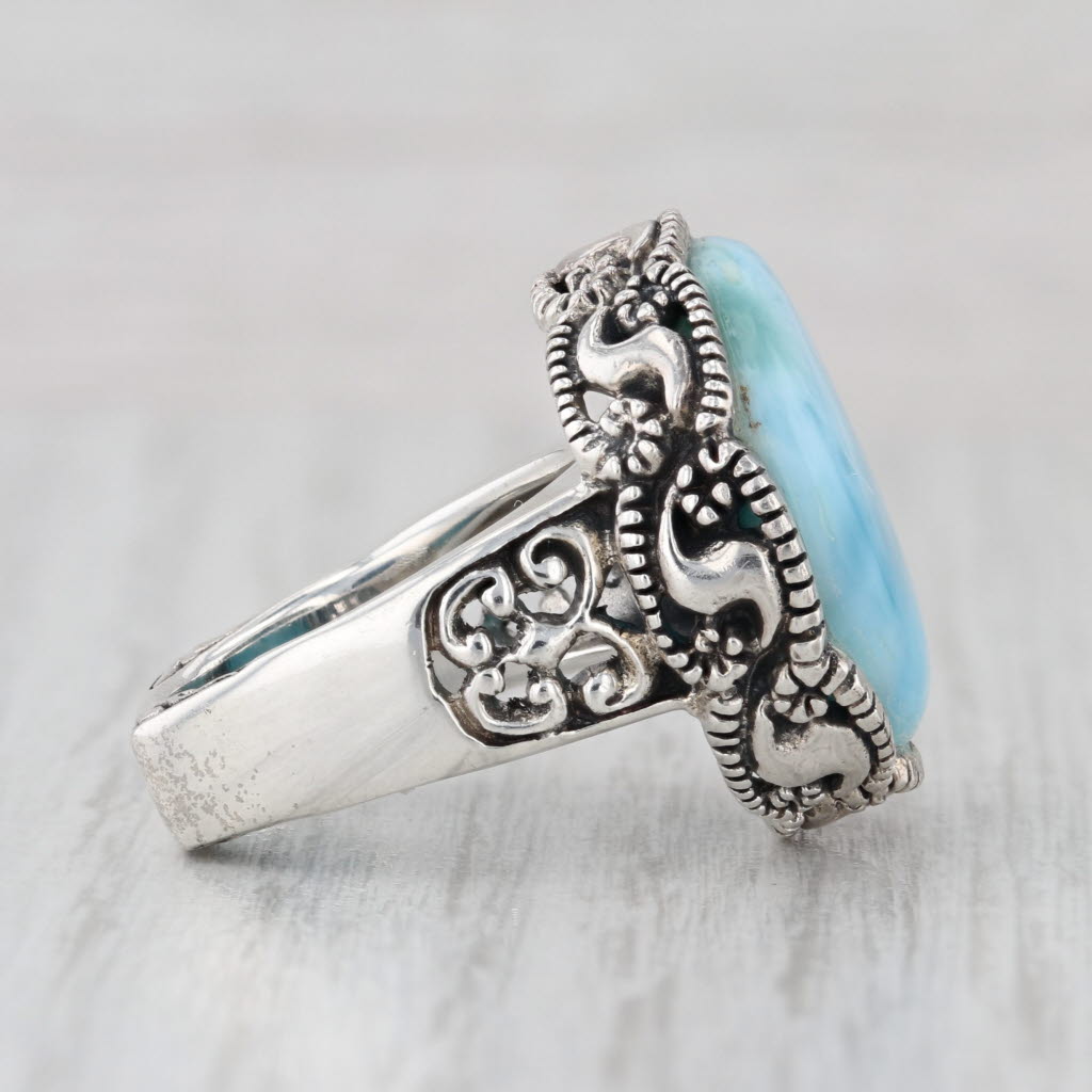 Marbled Blue Larimar Ornate Statement Ring Sterling Silver Size 6 Signed