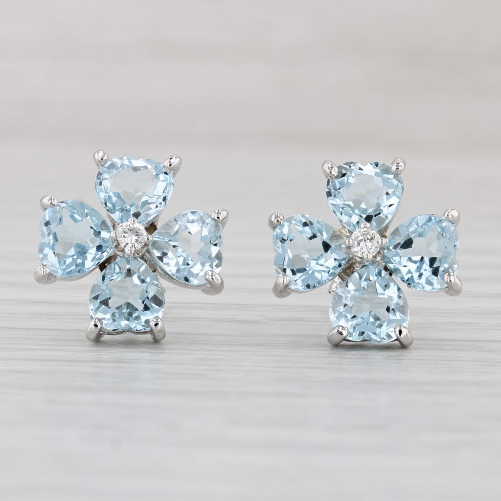 Light Gray 5.58ctw Aquamarine Diamond Flower Stud Earrings 14k White Gold