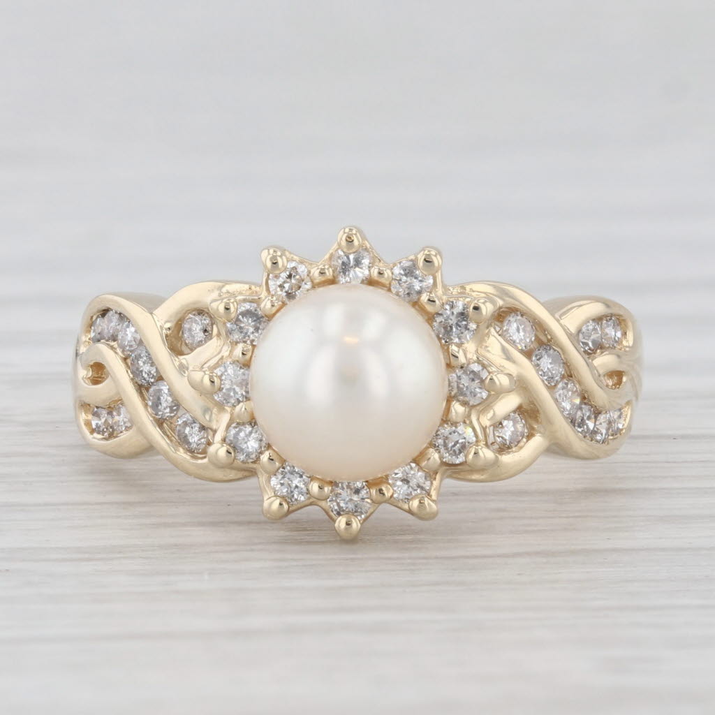 Light Gray Cultured Pearl Diamond Halo Ring 14k Yellow Gold Size 7 Floral