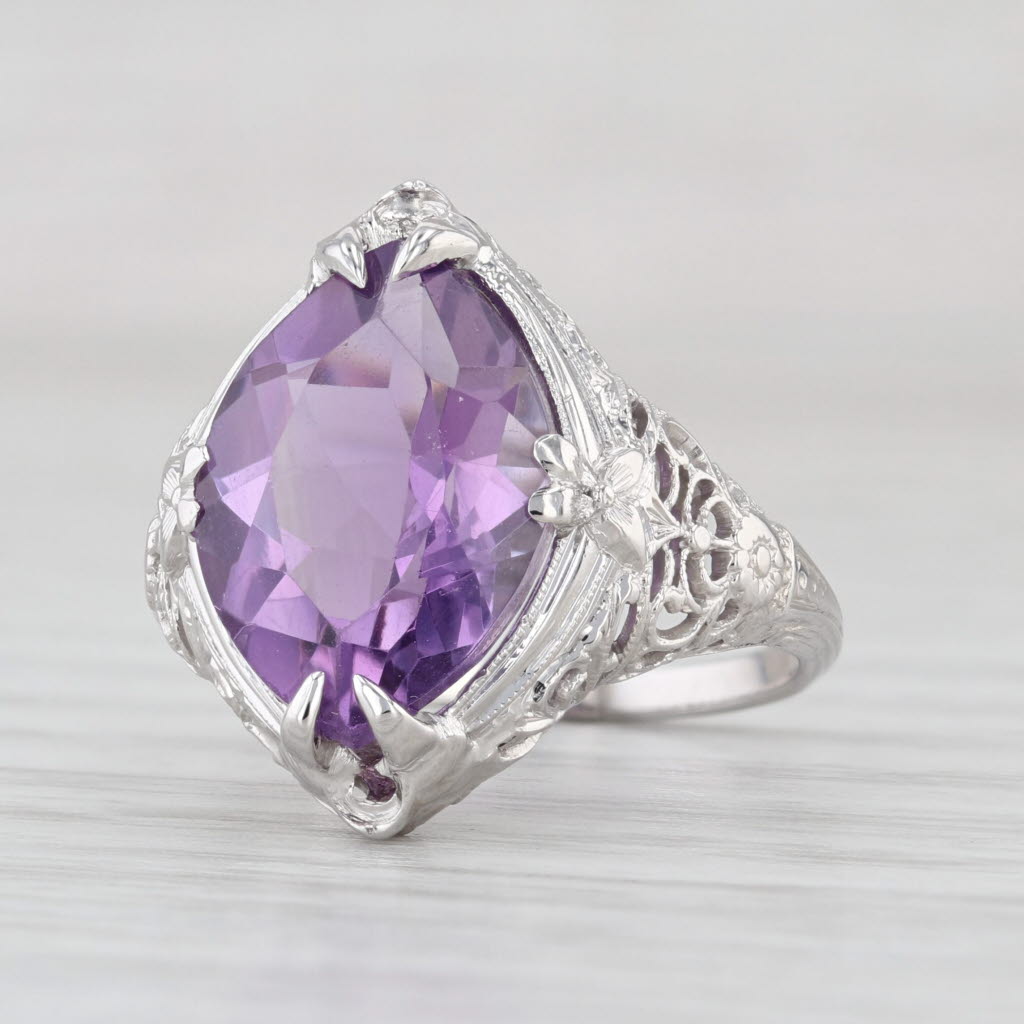 Art Deco 5ct Marquise Amethyst Solitaire Ring 18k White Gold Filigree Floral