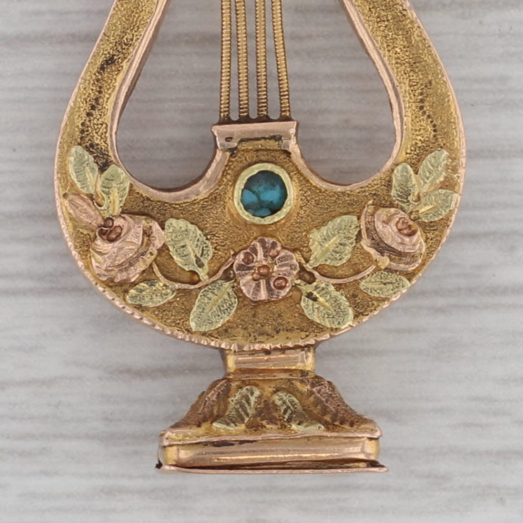 Dark Gray Antique Lyre Figurine Charm 16-17k Gold Turquoise Pendant 1800s Floral D'amitie