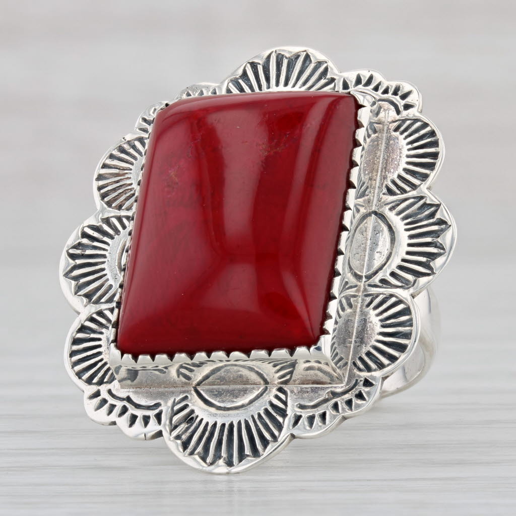 Light Gray Vintage Southwestern Red Resin Statement Ring Sterling Silver Size 7.25