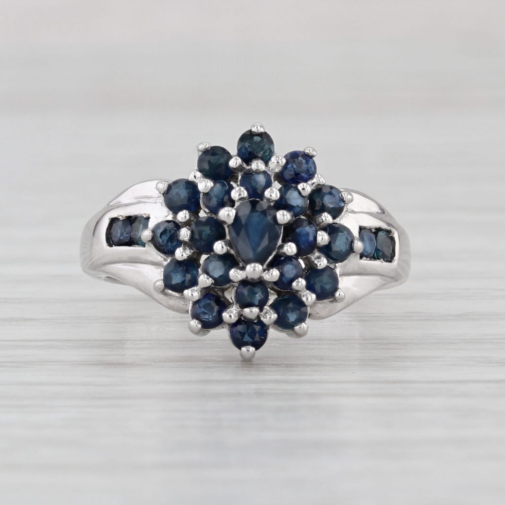 1.44ctw Blue Sapphire Cluster Ring 14k White Gold Size 6 Cocktail