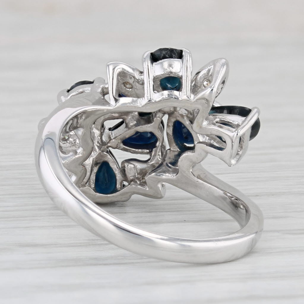 Light Gray 1.748ctw Blue Sapphire Diamond Cluster Flower Bypass Ring 14k White Gold Sz 6.25