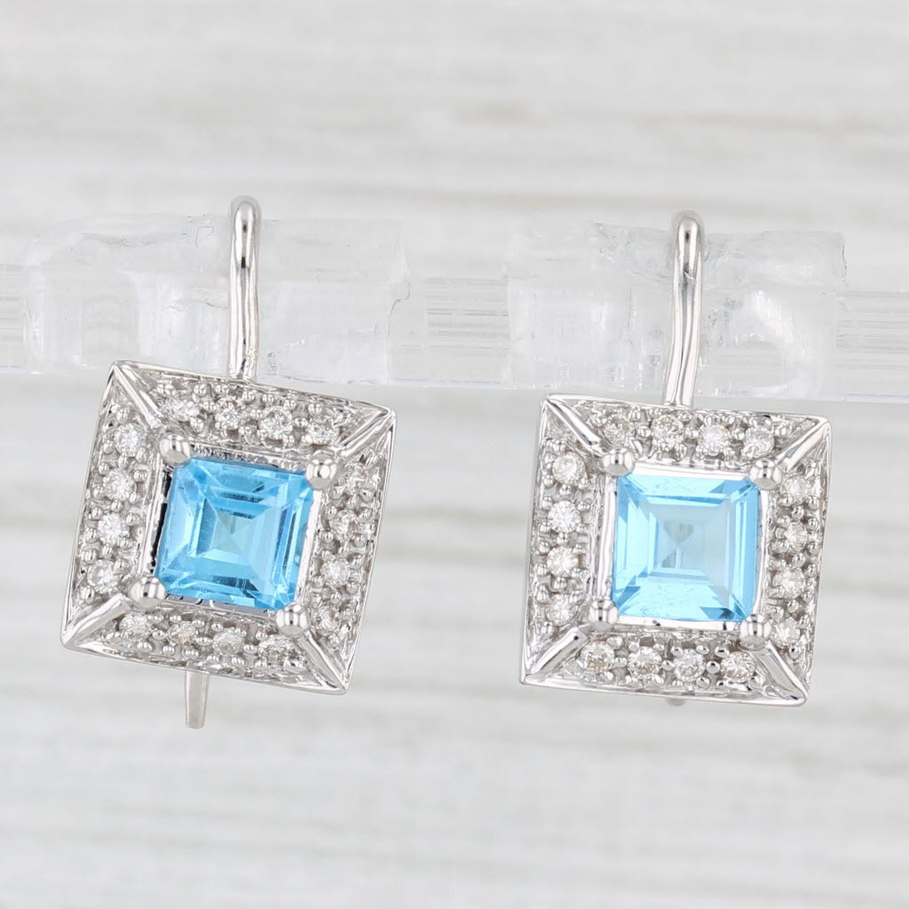 Light Gray 1.80ctw Blue Topaz Diamond Halo Drop Earrings 14k White Gold Hook Posts