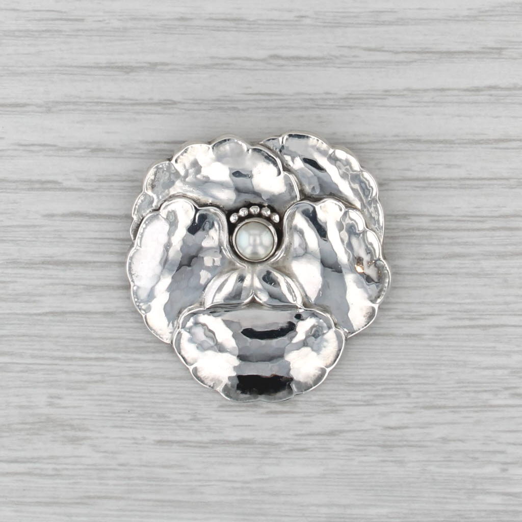 Georg Jensen Denmark Cultured Pearl Flower Brooch Pendant Sterling Silver 143