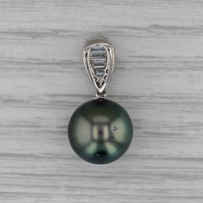 12mm Black Cultured Pearl 0.32ctw Diamond Pendant 18k White Gold Drop