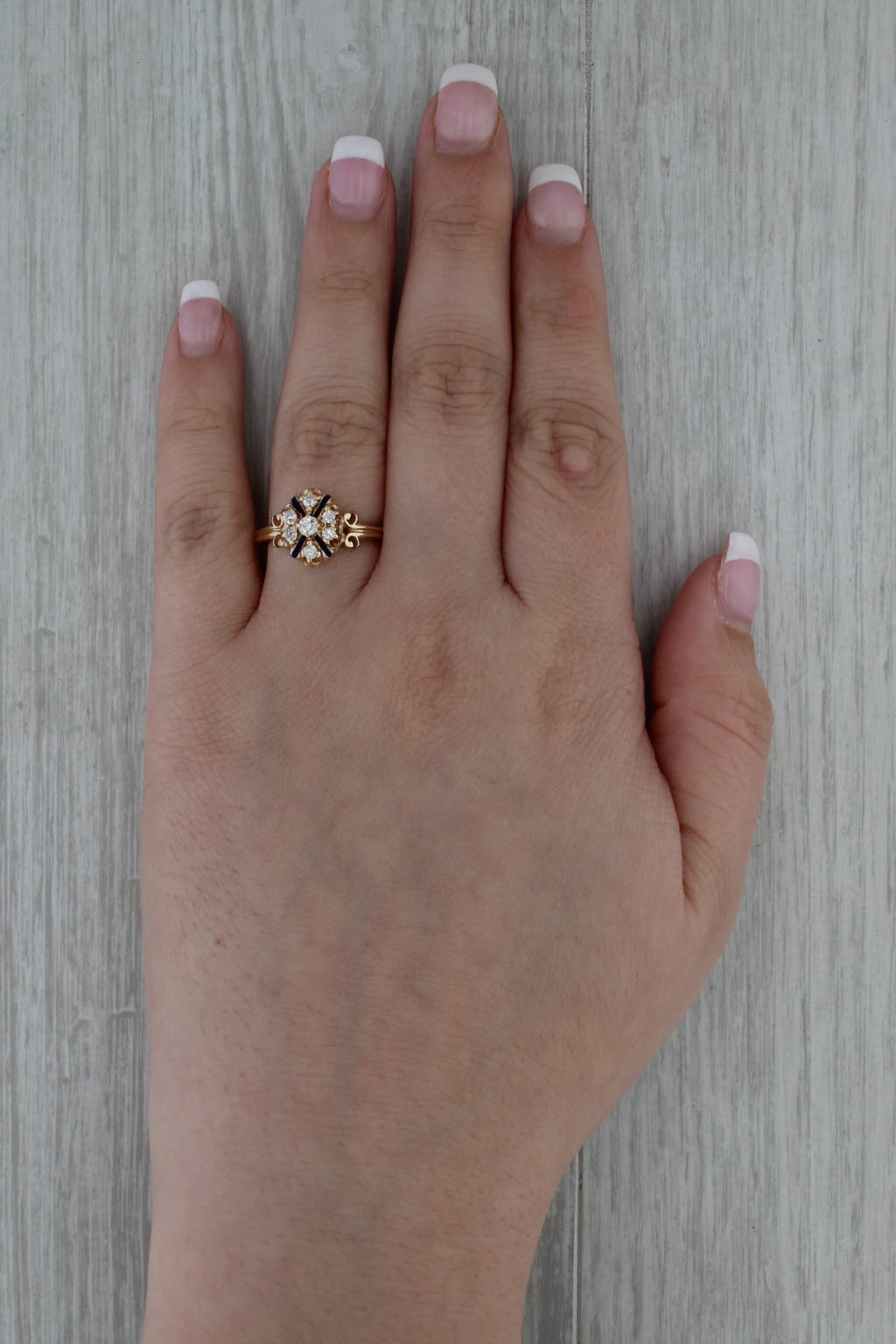 Antique Diamond Ring 14k Yellow Gold Enamel Size 8 Engagement